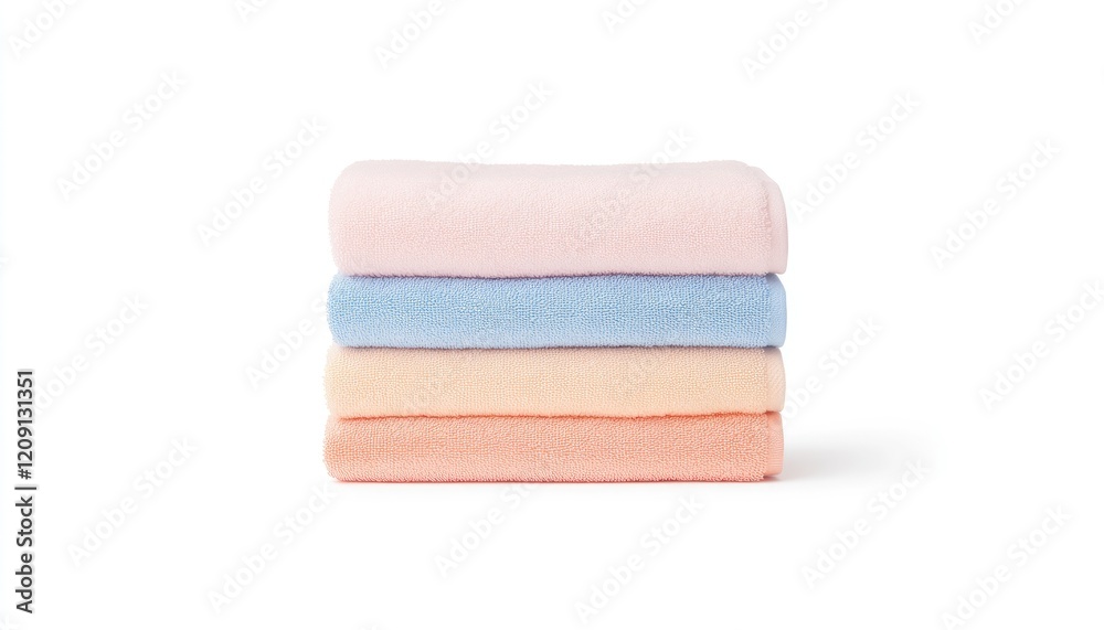 Soft pastel-colored towels neatly stacked on a white background, ideal for home decor or bath use Soft pastel-colored towels neatly stacked on a white background, ideal for home decor or bath use