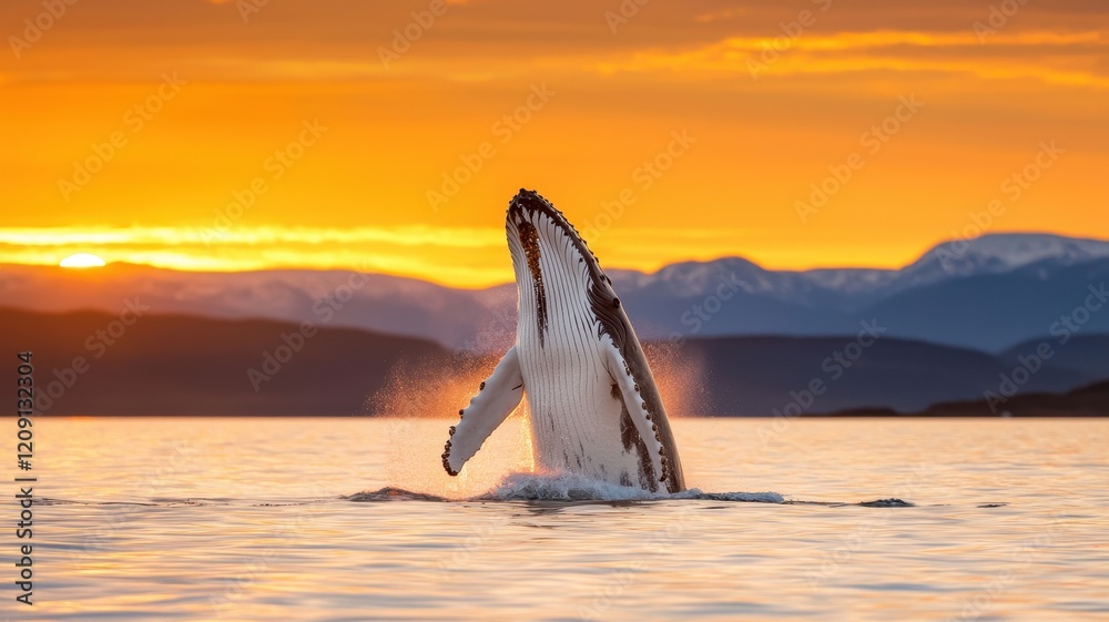 Fototapeta premium Whale breaching at sunset over the ocean waves.