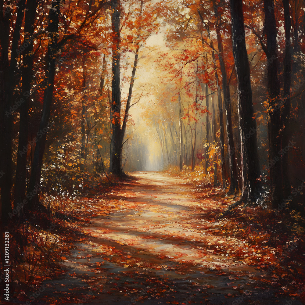 Autumn Path Through Golden Woods: A sunlit path winds its way through a mesmerizing forest, Golden leaves blanket the ground, casting long shadows. Autumn Path Through Golden Woods: A sunlit path winds its way through a mesmerizing forest, Golden leaves blanket the ground, casting long shadows.