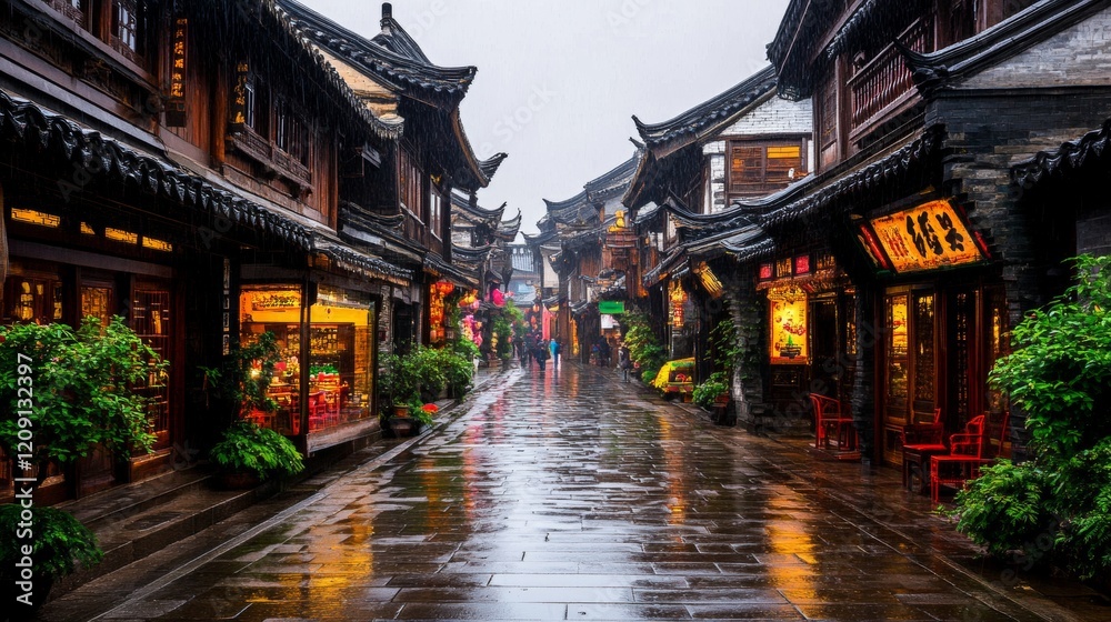 Obraz premium Rain-Kissed Ancient Chinese Street Scene Charming Architecture