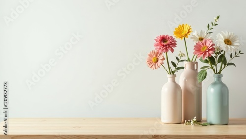 Wallpaper Mural Pastel Gerbera Daisies in Elegant Vases on a Light Wooden Tabletop Torontodigital.ca