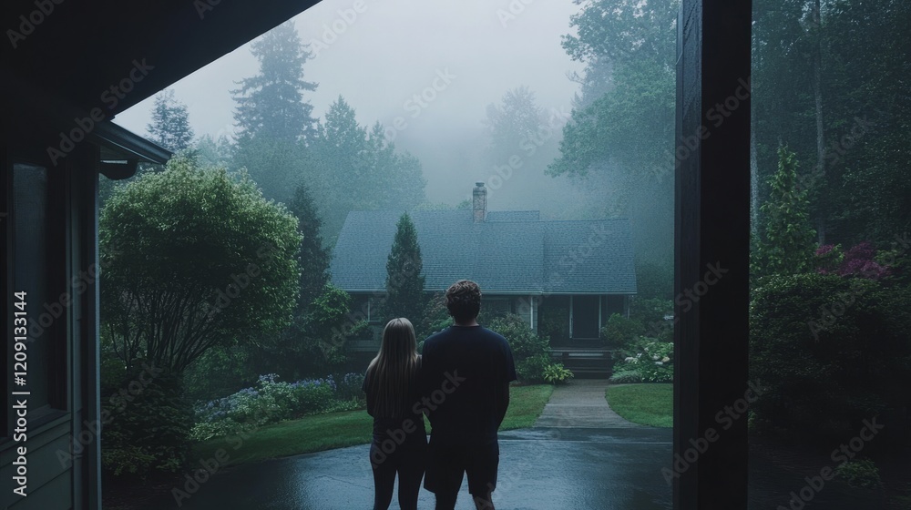 Fototapeta premium Rainy Day Couple Gazing at Home in Woods