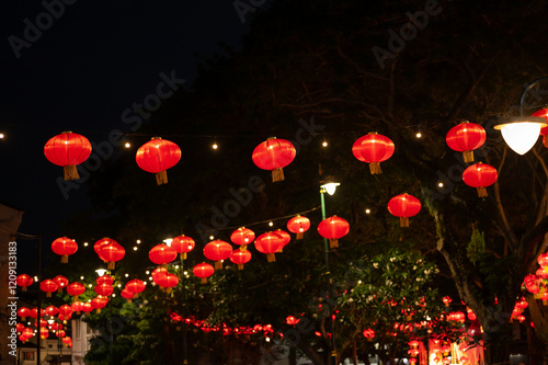 Lanterns of Chinese New Year in the night. Abstract Bokeh background
