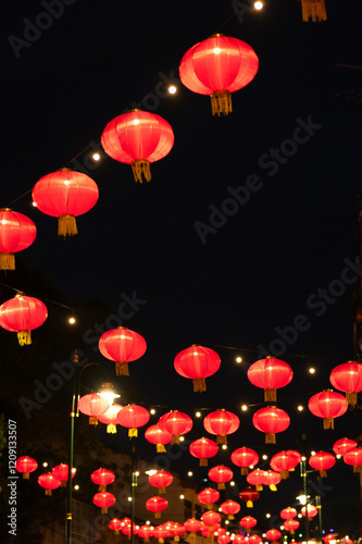 Lanterns of Chinese New Year in the night. Abstract Bokeh background