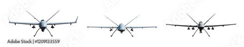 Three drone models displayed in a row, isolated on a transparent background