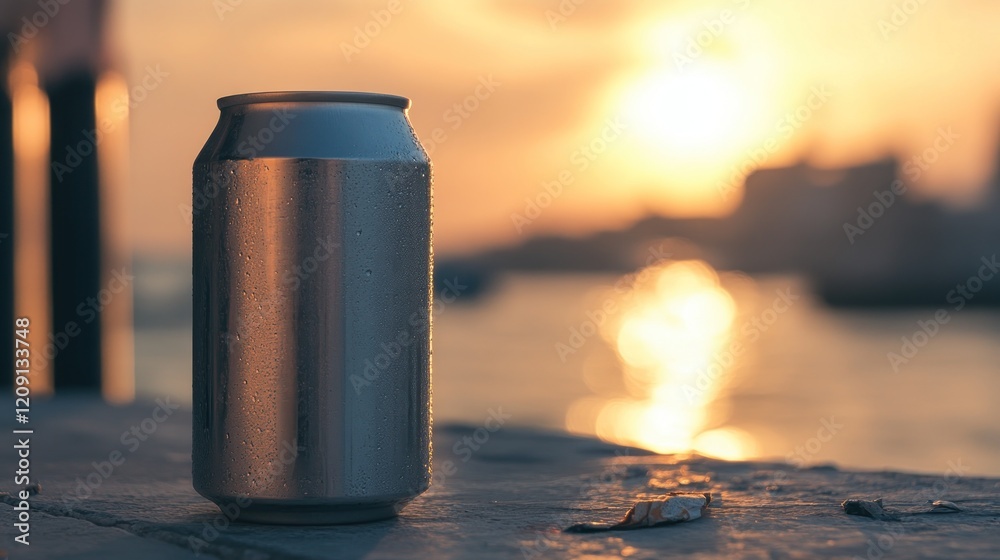 Aluminum can sits on waterfront at sunset. Aluminum can sits on waterfront at sunset.