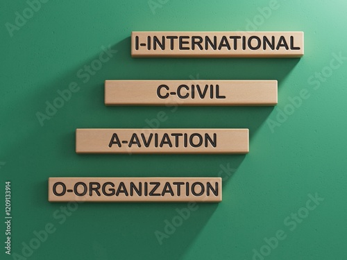 Closeup wood cubes into the row to complete the word icao, converge benefits, mutal benefits concept.3D rendering on green background. photo