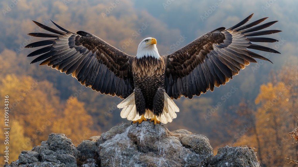 Fototapeta premium Majestic Bald Eagle Soaring, Autumn Mountaintop