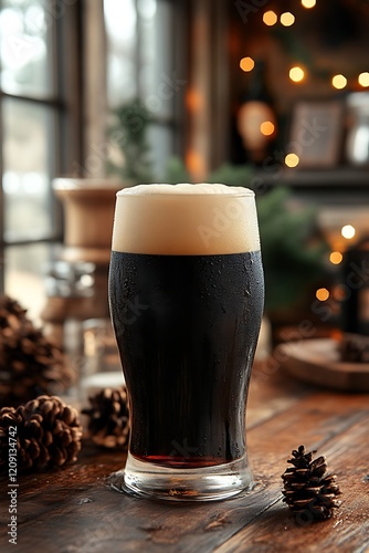 Dark beer in pint glass on wooden table with pine cones and bokeh lights.
