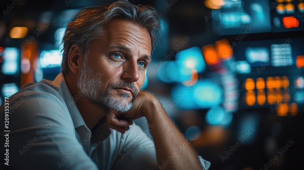a man seated in a bustling financial trading environment, likely a stock exchange. He has a contemplative expression, with his chin resting on his hand, suggesting a mix of concern and contemplation.