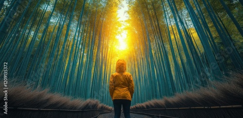 Sustainable Eco-Friendly Travel in Bamboo Forest Happy Hiker Woman Enjoying Nature Renewable Resources photo