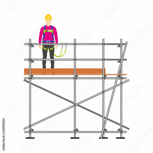Worker, man of builder stand on the one layer of scaffolding with safety harness.