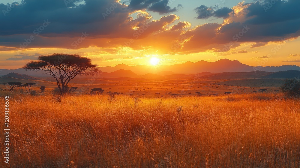 Breathtaking sunset over a savannah landscape with golden grasses and distant mountains Breathtaking sunset over a savannah landscape with golden grasses and distant mountains