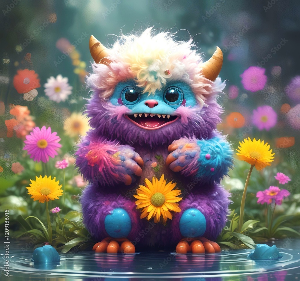 Fototapeta premium Illustration of fluffy and cute small monster.