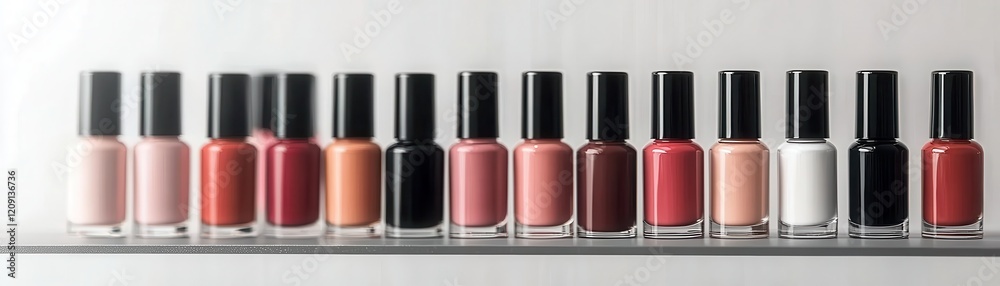Manicure salon precision concept. A row of nail polish bottles in various shades, showcasing a spectrum of colors and finishes for beauty enthusiasts. Manicure salon precision concept. A row of nail polish bottles in various shades, showcasing a spectrum of colors and finishes for beauty enthusiasts.