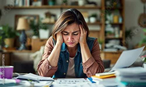 Woman Experiencing Stress and Anxiety at Home, Surrounded by Documents