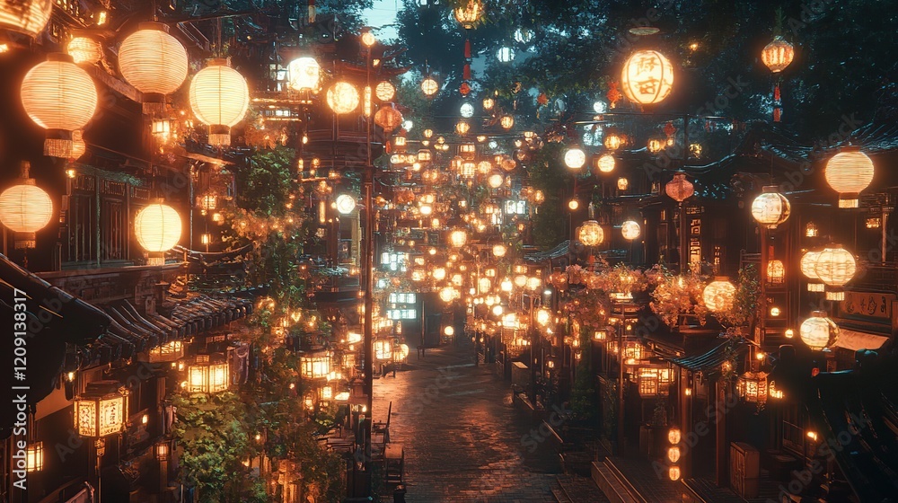 Naklejka premium Illuminated alleyway with hanging lanterns at night.