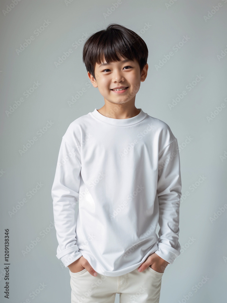 Tshirt for Kids, Apparel Mockup - Minimalist White Long Sleeve Tshirt on Young Boy, Front View Tshirt for Kids, Apparel Mockup - Minimalist White Long Sleeve Tshirt on Young Boy, Front View