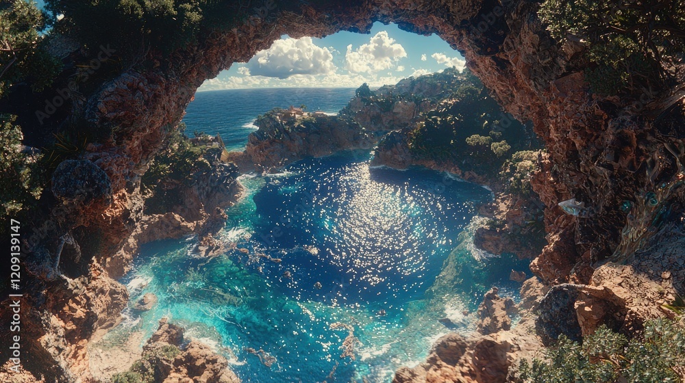 Coastal cove scenic view, tranquil ocean, rock archway, sunny day, travel postcard Coastal cove scenic view, tranquil ocean, rock archway, sunny day, travel postcard
