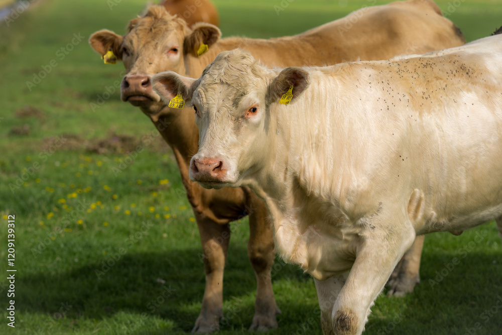 Dairy cows. Cattle in grass field. Cow in grassy pasture. Cattle cow grazing on farmland. Dairy cows. Cattle in grass field. Cow in grassy pasture. Cattle cow grazing on farmland.