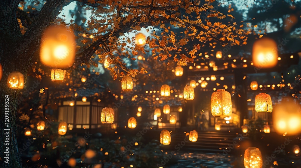 Illuminated autumn garden at night with lanterns hanging from trees and buildings. Illuminated autumn garden at night with lanterns hanging from trees and buildings.