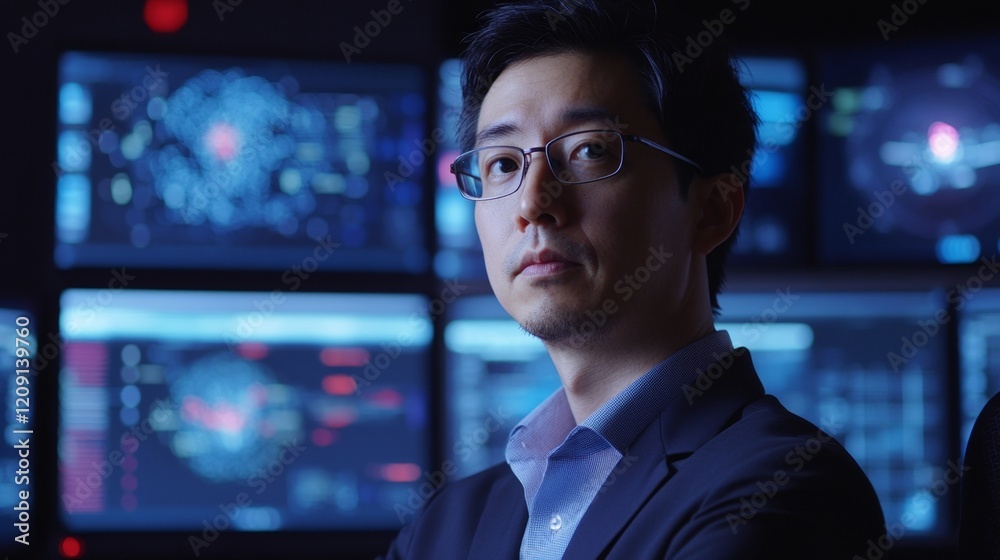 Professional in Cybersecurity Monitoring with Digital Screens in View Professional in Cybersecurity Monitoring with Digital Screens in View