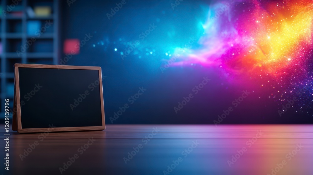 A sleek tablet on a wooden table with vibrant cosmic colors swirling in the background A sleek tablet on a wooden table with vibrant cosmic colors swirling in the background