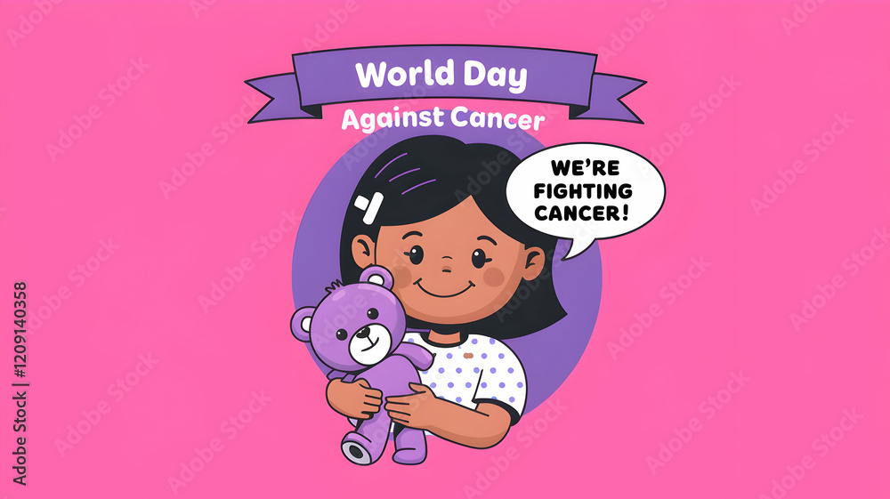 Little smiling girl with purple teddy bear on pink background. Cancer treatment healing. World day against cancer, lupus Little smiling girl with purple teddy bear on pink background. Cancer treatment healing. World day against cancer, lupus
