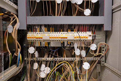 Close view of complex electrical wiring in a control panel at a technology facility