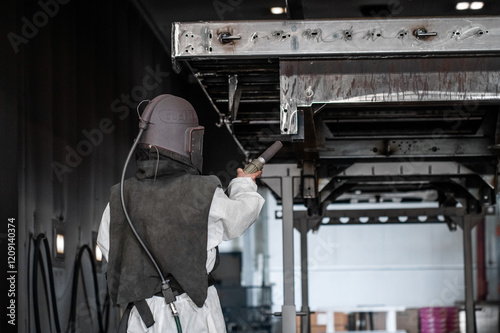 A man in a white lab coat is spraying a metal surface with a spray gun