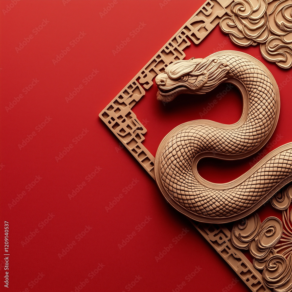 Obraz premium red lattern chinese new year hanging in the right and left corner with wooden snake symbol shio on the middle, blank white chinese new year card in the middle