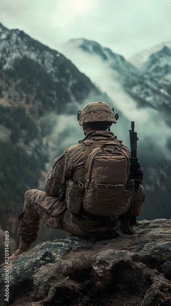 A soldier contemplates the landscape from a mountaintop A soldier contemplates the landscape from a mountaintop
