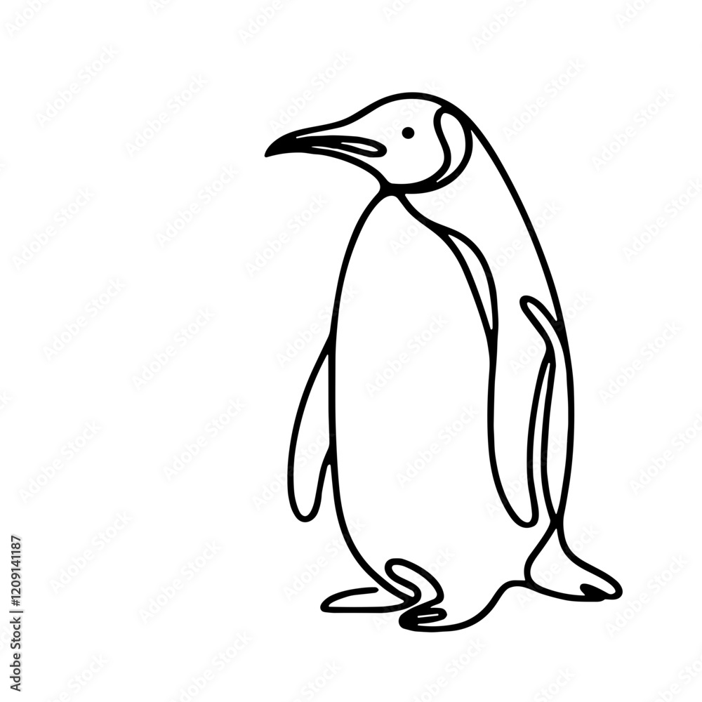 Fototapeta premium Penguin, vector, black line drawing, minimalistic, single line, simple line, isolated, transparent background 