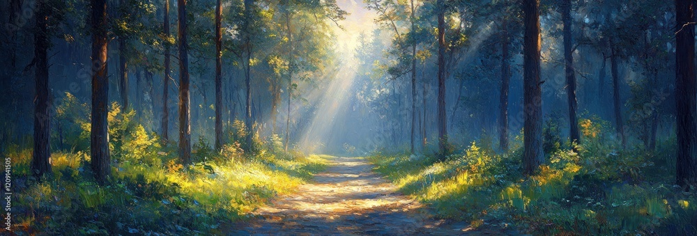 Obraz premium Morning Light Through Old Oak Tree Foliage in Serene Forest Landscape