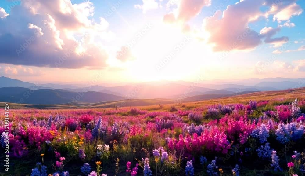 Stunning Sunrise over Blooming Wildflower Meadow Landscape Stunning Sunrise over Blooming Wildflower Meadow Landscape
