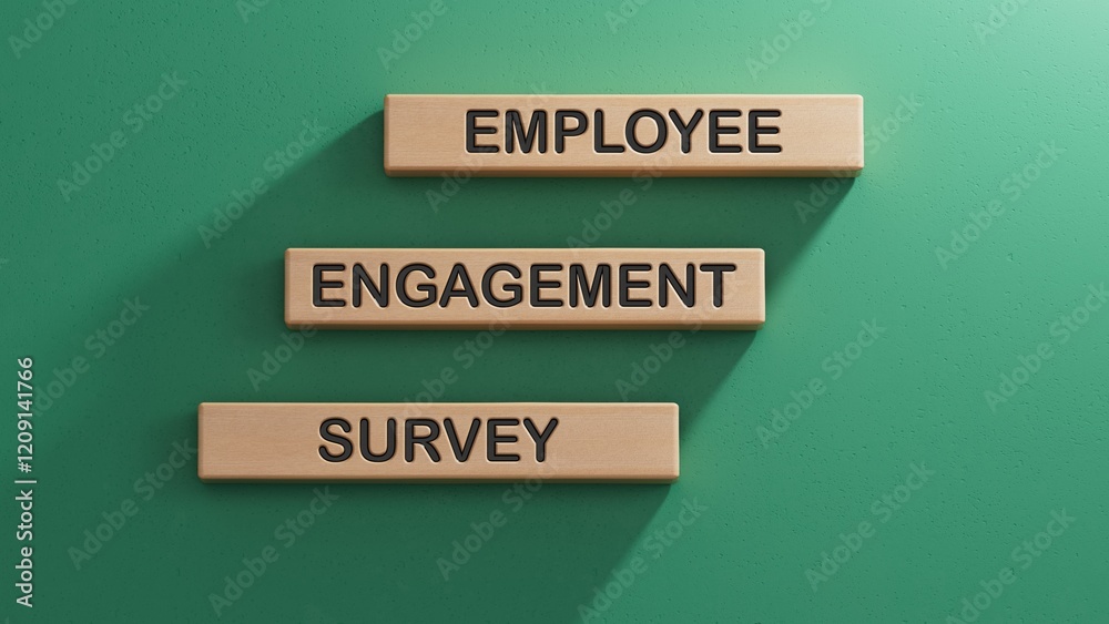 Employee Engagement Survey. Wooden cube blocks. Copy space.3D rendering on green background. Employee Engagement Survey. Wooden cube blocks. Copy space.3D rendering on green background.