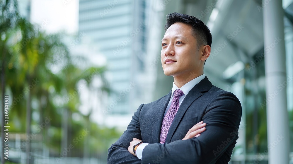 Confident businessman, city background, thoughtful pose, professional portrait, business success Confident businessman, city background, thoughtful pose, professional portrait, business success