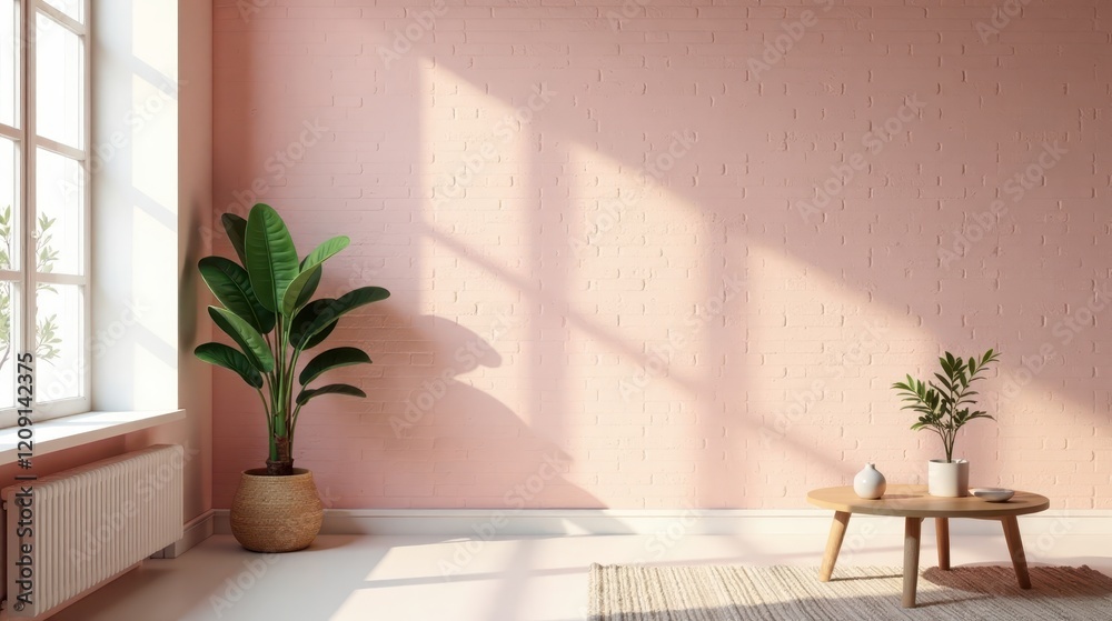 Serene Minimalist Room Interior Design with Sunlight Streaming Through Window, Featuring a Large Plant and Small Table