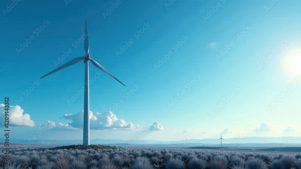 Serene landscape with tall wind turbines capturing clean energy under a vast, clear sky Serene landscape with tall wind turbines capturing clean energy under a vast, clear sky