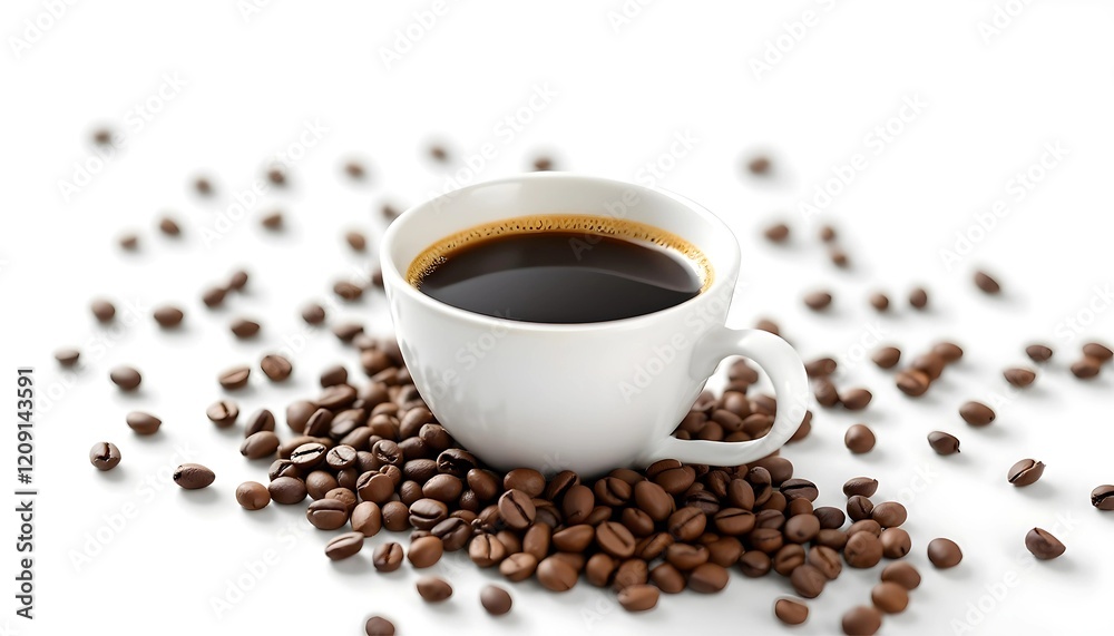 Aromatic coffee cup surrounded by roasted beans