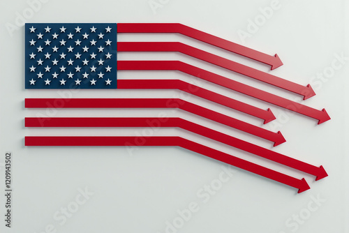 Star-striped US flag with falling direction of red stripes on white background.  AI generative. photo