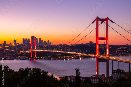 Istanbul sunset from most famous and touristic location. This is the Nation Park in Nakastepe. 15th July Martyrs Bridge (July 15th Sehit Koprusu). Istanbul Bosphorus Bridge. High quality Turkey puzzle photo
