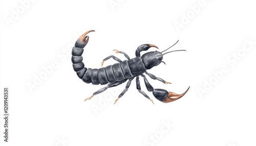 Detailed illustration of a black scorpion with prominent pincers on a white background, showcasing its anatomy photo