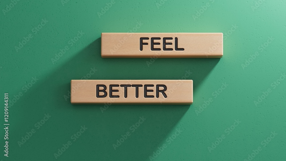 Feel better symbol. Wooden blocks with words Feel better.Business and Feel better concept. Copy space.3D rendering on green background. Feel better symbol. Wooden blocks with words Feel better.Business and Feel better concept. Copy space.3D rendering on green background.
