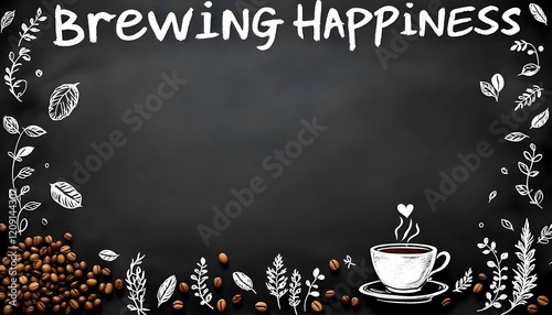 A chalkboard design showcasing coffee beans, leaves, and a cup of coffee, perfect for cafes or coffee shops.