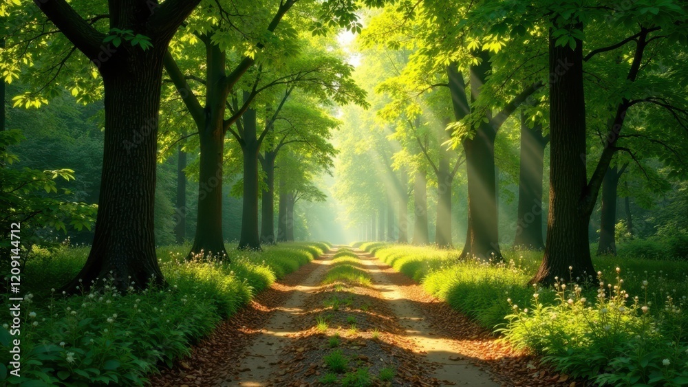 Naklejka premium Sunlit Path Through a Lush Green Canopy of Trees with Delicate Wildflowers