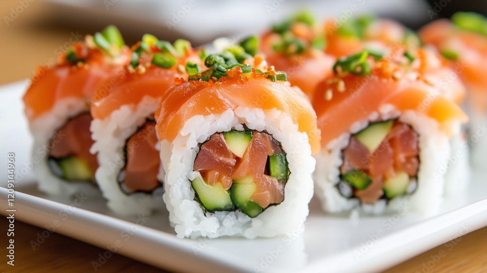 Salmon Sushi Rolls: A delectable close-up shot of six beautifully arranged salmon sushi rolls, garnished with sesame seeds and green onions, presented on a rectangular white plate.