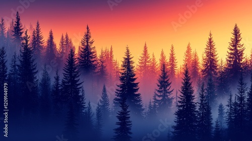 Sunrise over misty pine forest nature landscape photography serene atmosphere vibrant colors tranquil view