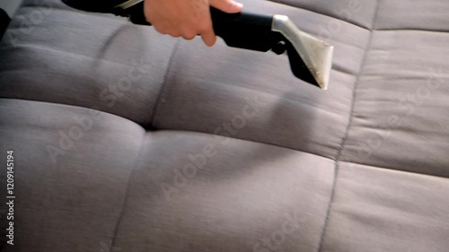 Cleaning service worker vacuum grey sofa using professional vacuum cleaner. Remove dust dirt stains from couch. Housekeeping, household chores, maid work job, housework, clean business.