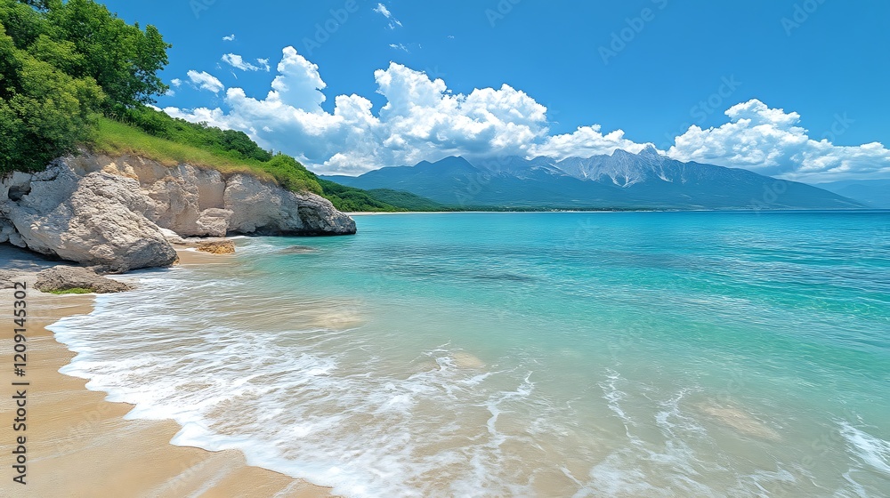 Fototapeta premium Serene Coastal Scene With Mountainous Backdrop